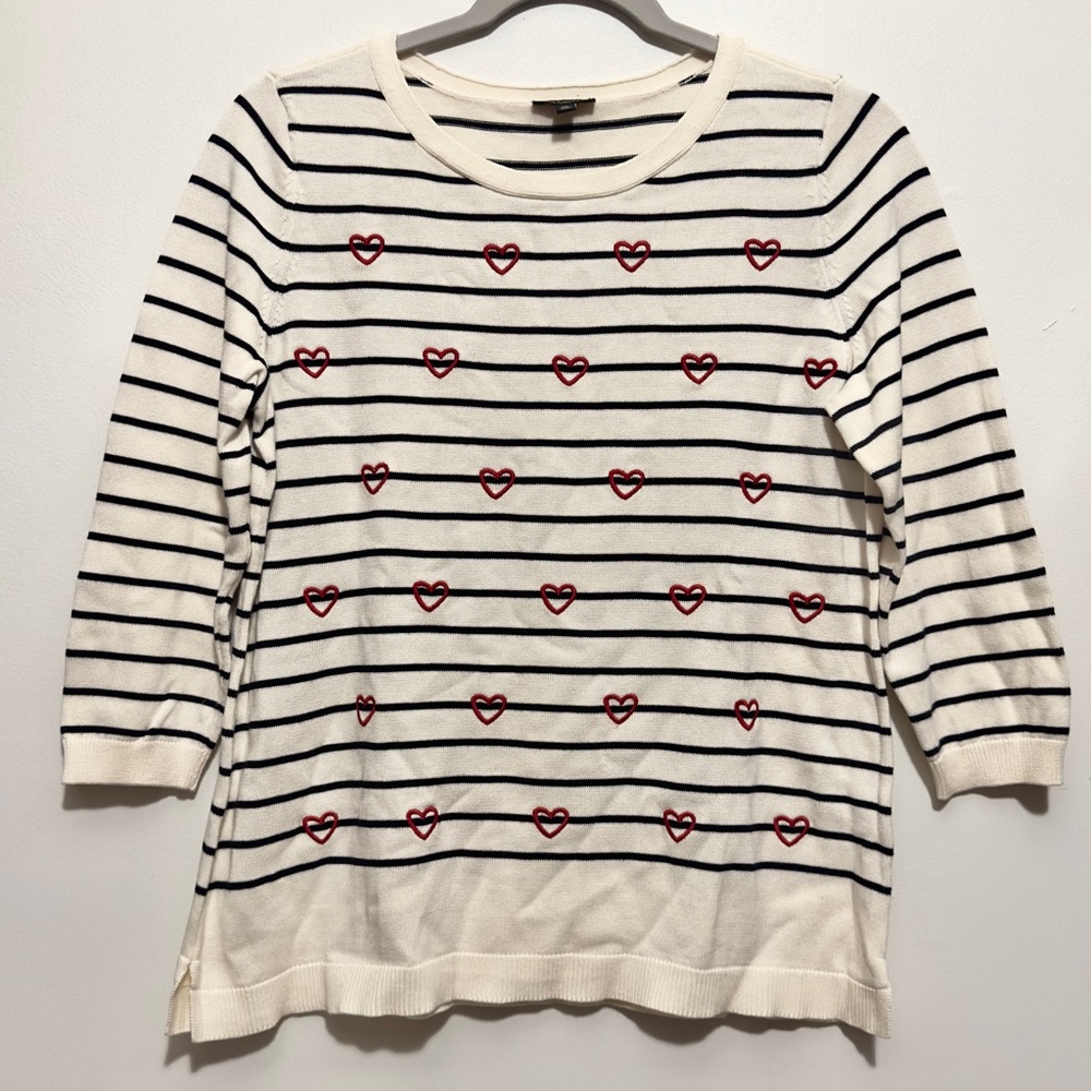 Talbots Hearts & Stripes Ivory Nautical Sweater Medium Petite Cotton Blend